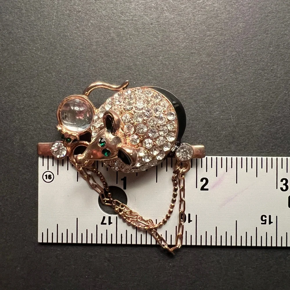 Rhinestone Mouse Brooch Rose Gold Clear Black Enamel Mice Animal Pin